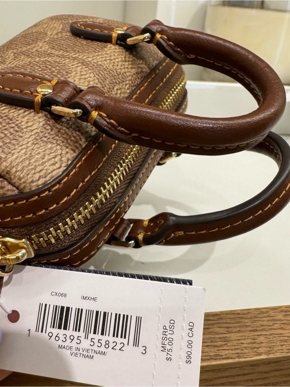 NWT! Coach CX068 Mini Rowan Satchel Bag Charm In Signature Canvas Tan/Brown/Gold - Picture 4 of 4
